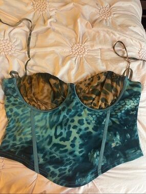PrettyLittleThing Teal and Olive Animal Print Bustier